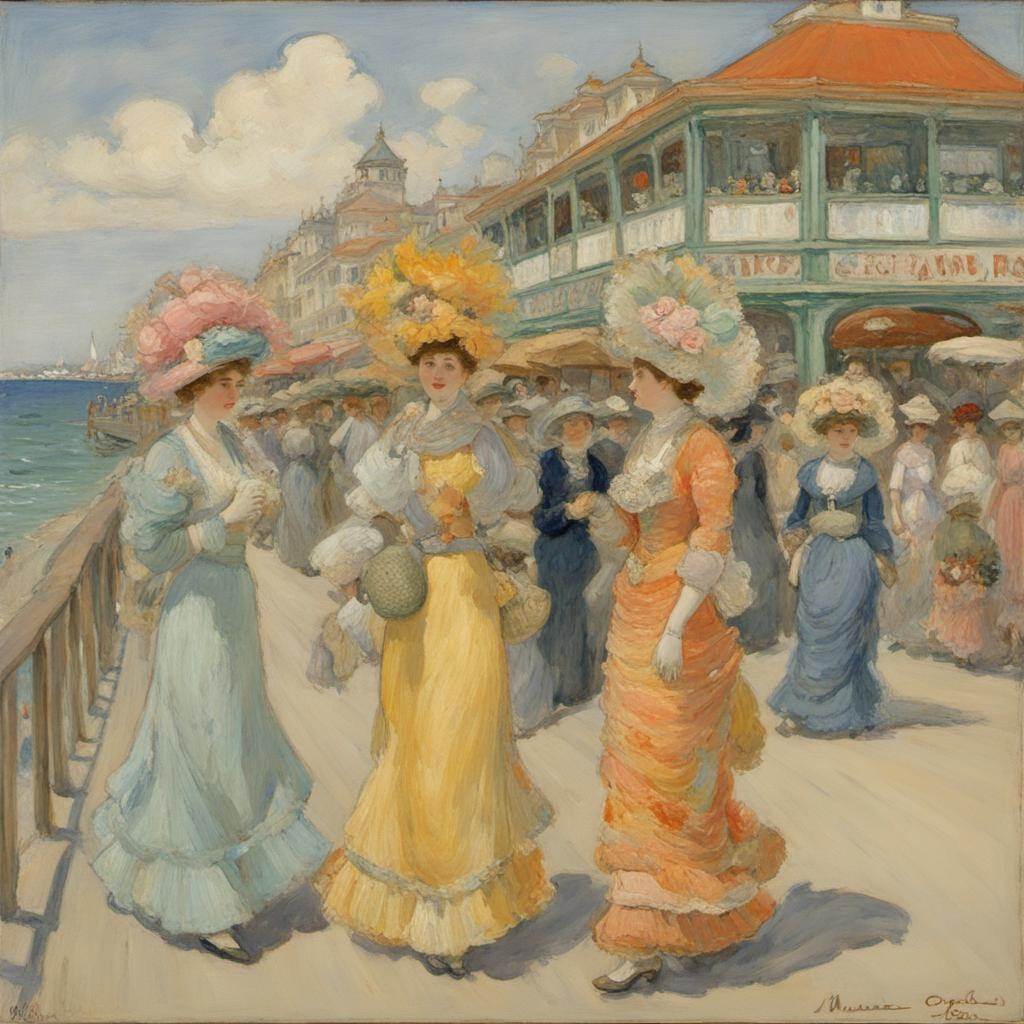 [Watercolor painting style, masterpiece] painting, ladies wearing elaborate headdresses strolling along the boardwalk, seaside town, maurice prendergast, pastels fine summer day; [Painting, classical] painting, ladies wearing elaborate headdresses strolling along the boardwalk, seaside town, Maurice Prendergast, pastels fine summer day; [Painting, Art Nouveau] painting, ladies wearing elaborate headdresses strolling along the boardwalk, seaside town, Maurice Prendergast, pastels fine summer day