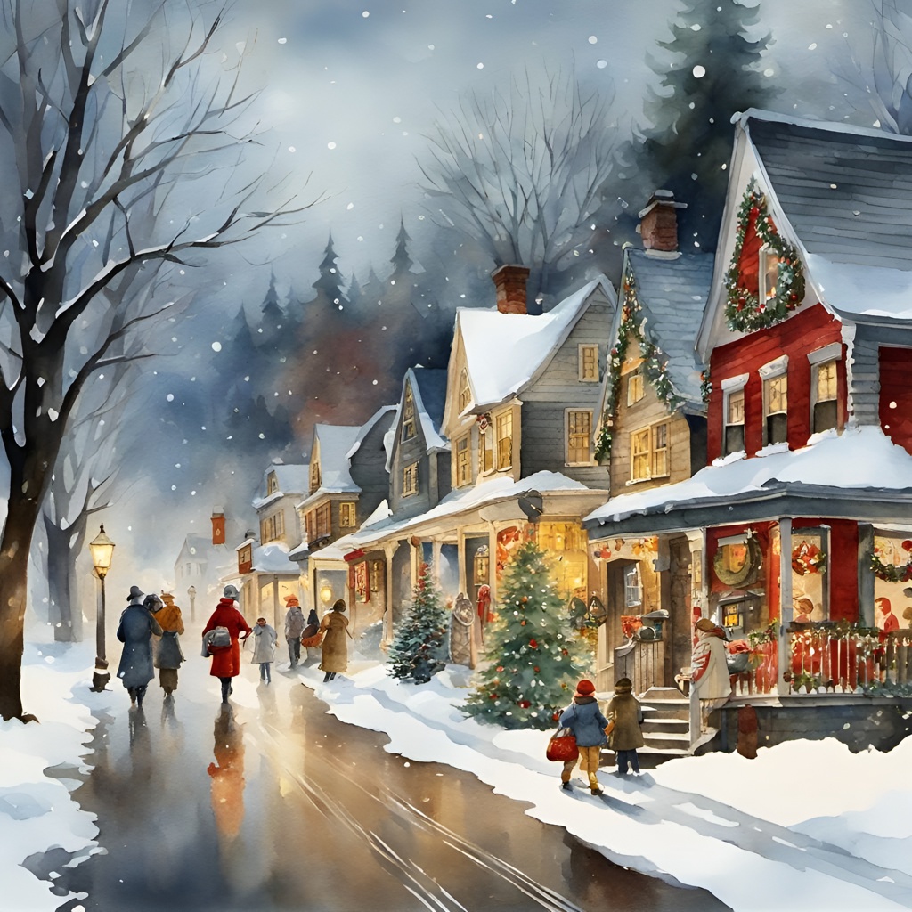 [Watercolor painting style, masterpiece] norman rockwell christmas village