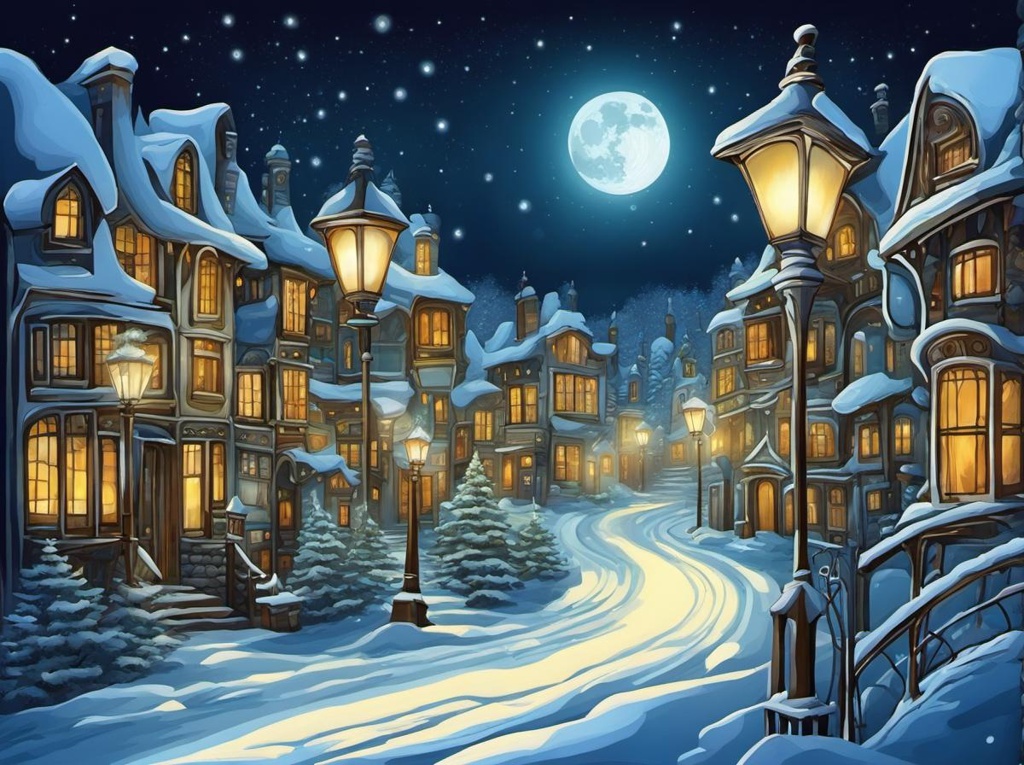 [Painting, Art Nouveau] Winter, cozy vintage village, snow, full moon in the night sky, Street lamps. abstract vector fractal,  Zentangle, 3d shading; Winter, cozy vintage village, snow, full moon in the night sky, Street lamps. abstract vector fractal,  Zentangle, 3d shading; [Painting, Art Nouveau] Winter, cozy vintage village, snow, full moon in the night sky, Street lamps. abstract vector fractal,  Zentangle, 3d shading