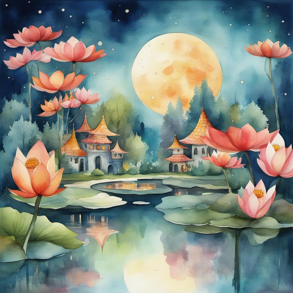 [Watercolor painting style, masterpiece] City on the moon, Whimsical Fairy Wonderland , with trees and pond with lotus flower