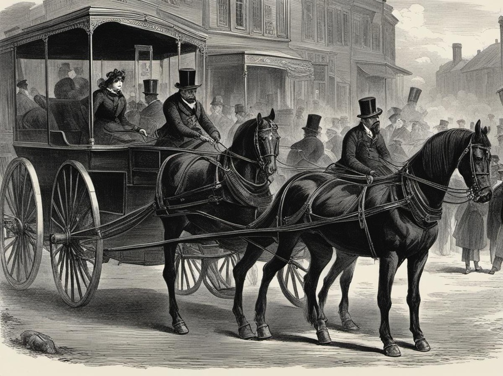 [Style of vintage illustration] 1871 some Québécois woman hired a horse drawn hearse and lay in it all day smoking cigarettes while being “driven” around in a hearse. She watched the people in the streets from the comfort of her enclosed hearse.