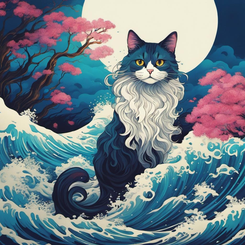 [vibrant liquid plasma] Botanical-cat with flowing hair on wave, in the style of Studio Ghibli