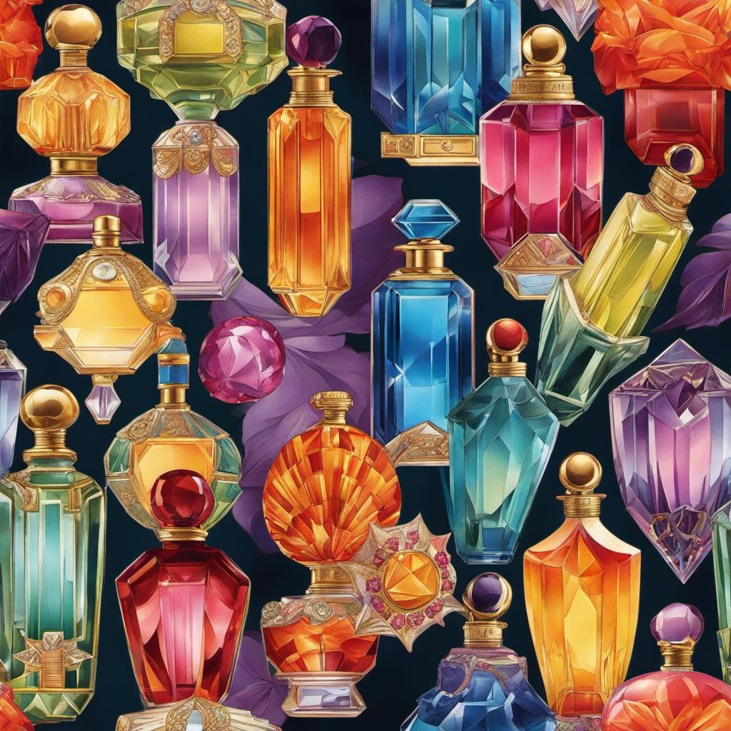 [Style of vintage illustration] 1920 style perfume bottles, incredible design, vivid multi colors, crystal glass, beautiful Art Deco, flapper woman,