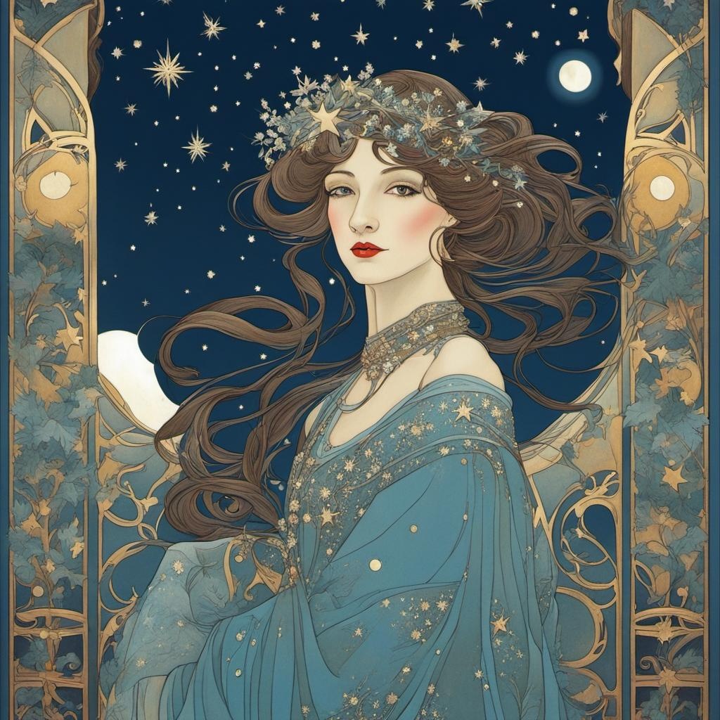 [Style of vintage illustration] Lady of fashion, winter colors, night sky with moon and stars, Christmas time; [Painting, Art Nouveau] Lady of fashion, winter colors, night sky with moon and stars, Christmas time