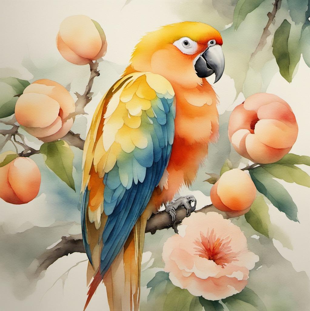 [Watercolor painting style, masterpiece] delicate precious peach-parrot parchment; [Watercolor painting style, masterpiece] delicate precious peach-parrot parchment, flowers