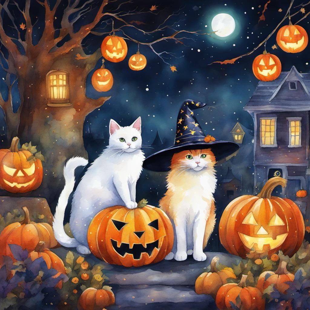 [Watercolor painting style, masterpiece] illustration, white dotted outlines, cats and witches celebrating halloween, vibrant, detailed, colorscapes