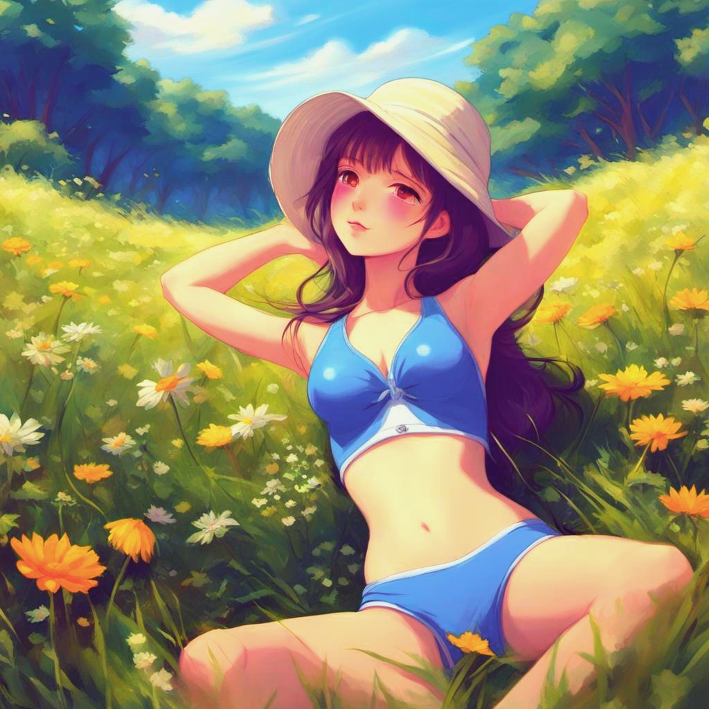 [Style of cartoon, Anime art] Girl, in bathing suit, sunbathing in meadow
