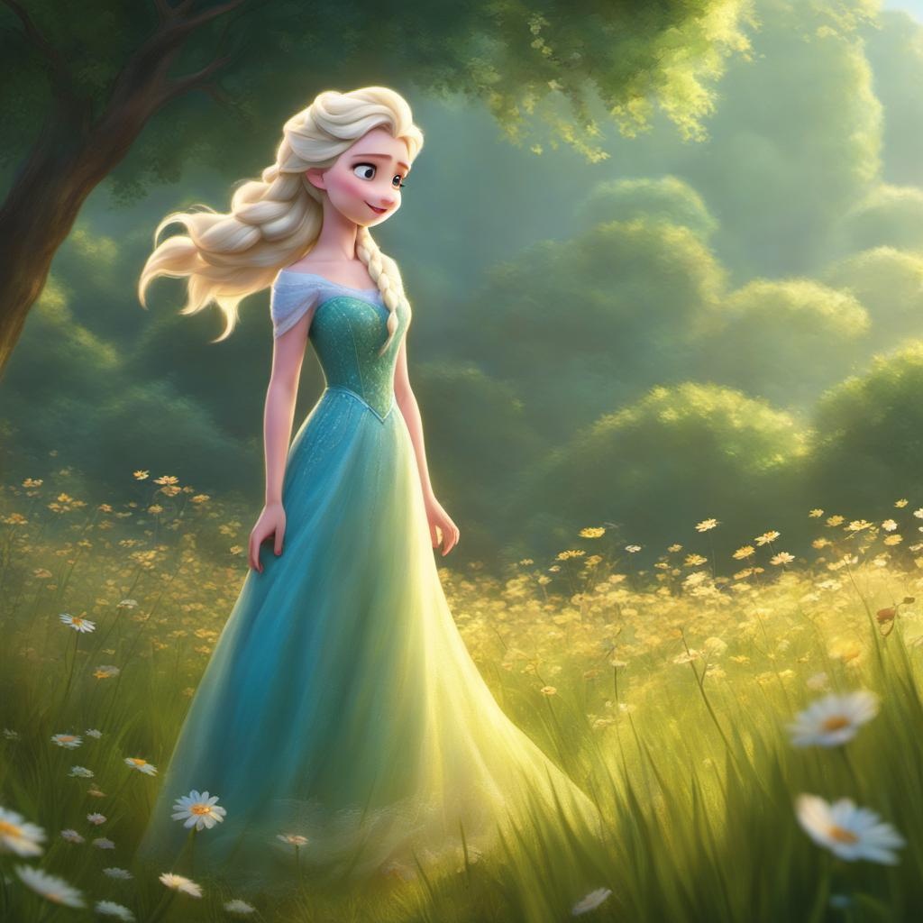 [Pixar style, Disney] Elsa, in a sundress, barefoot, in a meadow