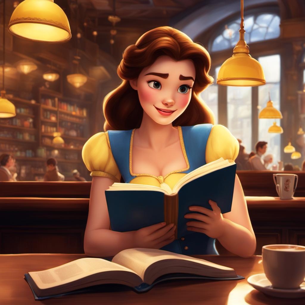 [Pixar style, Disney] Belle, in modern clothes, reading a book in a coffeeshop