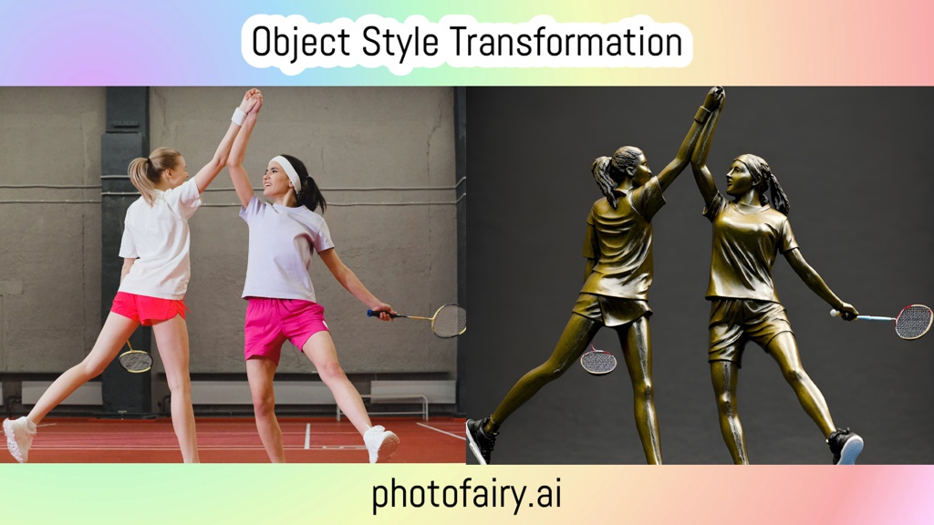 Gradient; Women Playing Badminton; Bronze sculpture of Women playing badminton; Bronze sculpture of Women playing badminton; Object Style Transformation; photofairy.ai