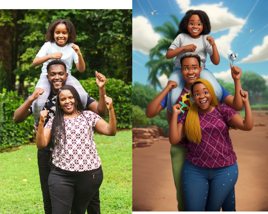 LUVTOGRAPHY is an expression of my triumphs and disappointments in life, capturing these moments, escaping from the world. Finding pleasure and leisure in every click.; [Pixar style, Disney, 3D, cartoon] Daughter on father's shoulder, mom in front, African American