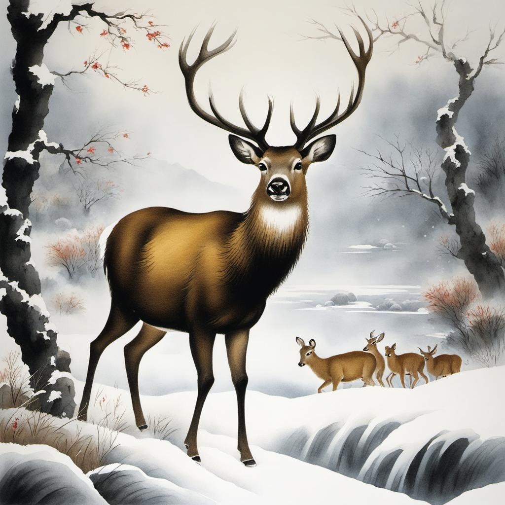 [Style of Chinese painting, traditional, ink, Guo Hua] a deer in winter