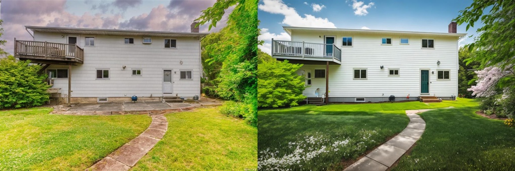 6 Gail Ct; a house; [Photography, raw, movie shot] A beautiful house, white colored siding, beautiful landscape, flowers, and green grass in back yard, day time, 