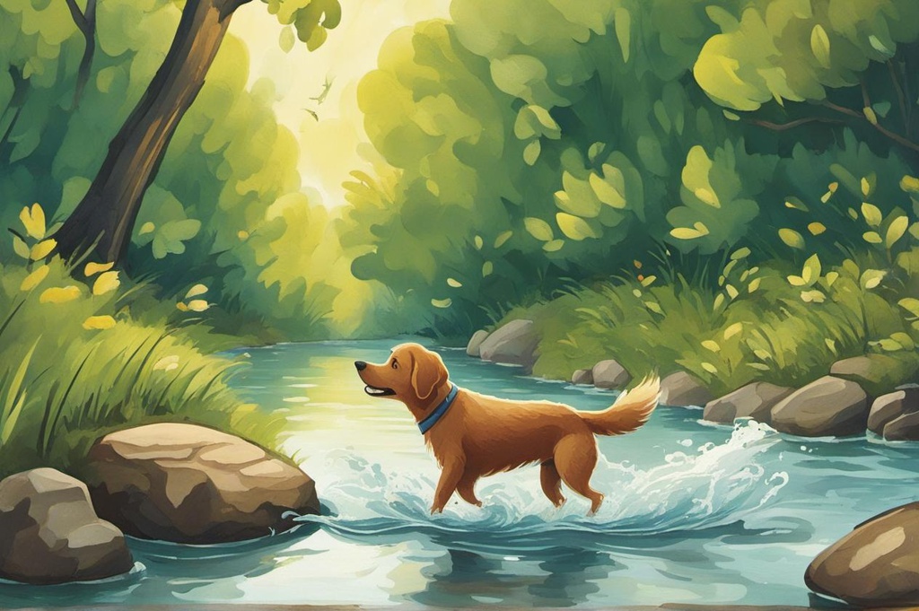 [Style of children's book illustration, strybk] A dog is walking cross a river; [Style of children's book illustration, strybk] A dog is swimming cross a river