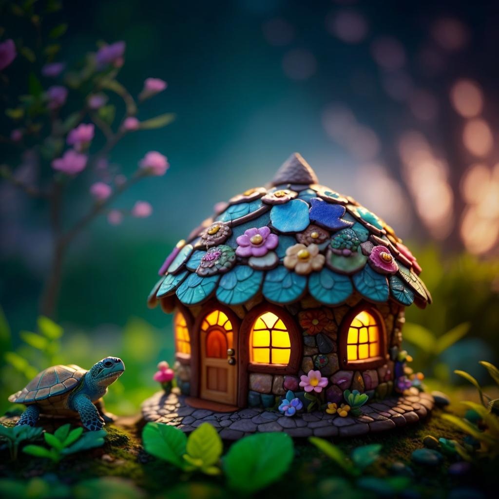 A cute turtle, highly detailed, intricate detailed shell, in the background a cute fairy house with warmly lit windows, surreal, fairy tale fantasy, dramatic lighting , octane render, 3d digital painting, concept art, bright colors, centered, watercolor style, haze, ultra-detailed, film photography, light leaks, Larry Bud Melman, trending on artstation, sharp focus, studio photo, intricate details, highly detailed, by greg rutkowski