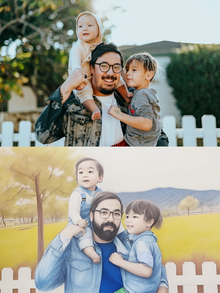 [Style of sketch drawing, character sketch] father and two kids