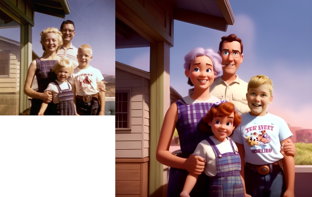 W.H. Shumard family, circa 1955; [Pixar style, Disney] young boy; [Pixar style, Disney] father, mother, and young boy and girl; [Pixar style, Disney] young boy; [Pixar style, Disney] father, mother, and young boy and girl