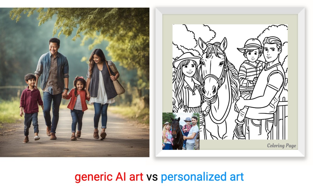 file://framed-family-and-horse.png; a beautiful family; generic AI art vs personalized art