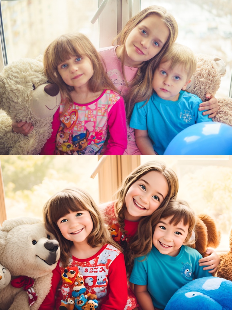 group portrait of three smiling children with toys; [Pixar style, Disney] group portrait of three smiling children with bear toys