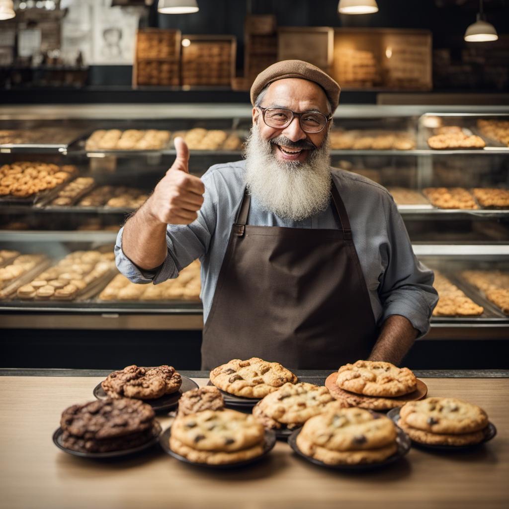 [Photography, raw, movie shot] Happy 50-year-old man with a beard shopkeeper in a pastry shop showing off cookies and thumb up gesture; [Photography, raw, movie shot] Happy 50-year-old man with a beard shopkeeper in a pastry shop showing off cookies and thumb up gesture