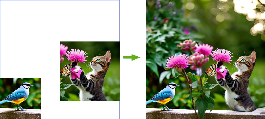 bird in florafractigami; A cute cat is catching a butterfly; a beautiful garden; [Photography, raw, movie shot] a beautiful garden; green, arrow, right; 1686875669474xwi2t.0; 1686875669474xwi2t.1