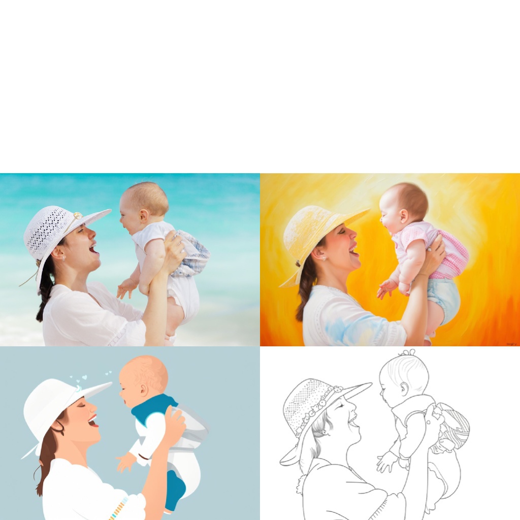 mother, baby, happy; [Oil painting style, impasto, masterpiece] mother, baby, happy; [Coloring page, line art, thin black lines, vector illustration, white background] mother, baby, happy; [flat vector design of a logo, app icon, minimalism] beautiful mother, baby, happy, baby wearing diaper