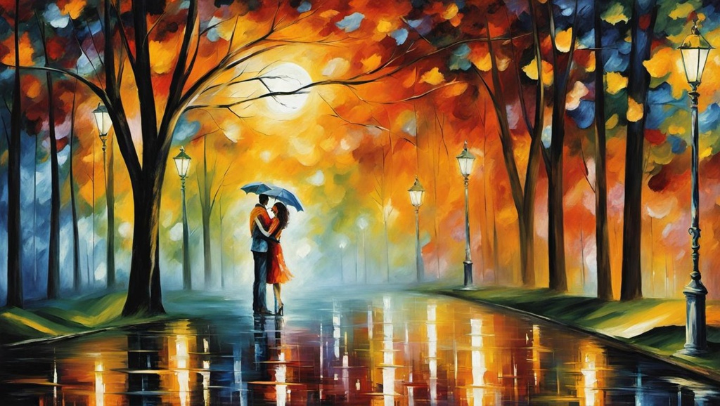 Leonid afremov art of Two lovers embrace under a melancholic moonlit sky, their silhouettes merging with the vibrant palette of emotions that surround them; [Oil painting style, impasto, masterpiece] Two lovers embrace under a melancholic moonlit sky, their silhouettes merging with the vibrant palette of emotions that surround them; [Oil painting style, impasto, masterpiece] Two lovers embrace under a melancholic moonlit sky, their silhouettes merging with the vibrant palette of emotions that surround them