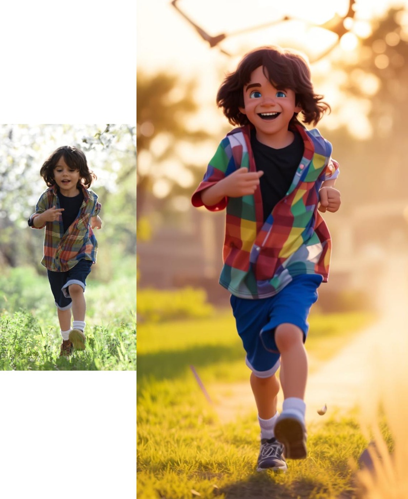 Boy Running during Sunset; [Pixar style, Disney, 3D, cartoon character] Boy Running during Sunset