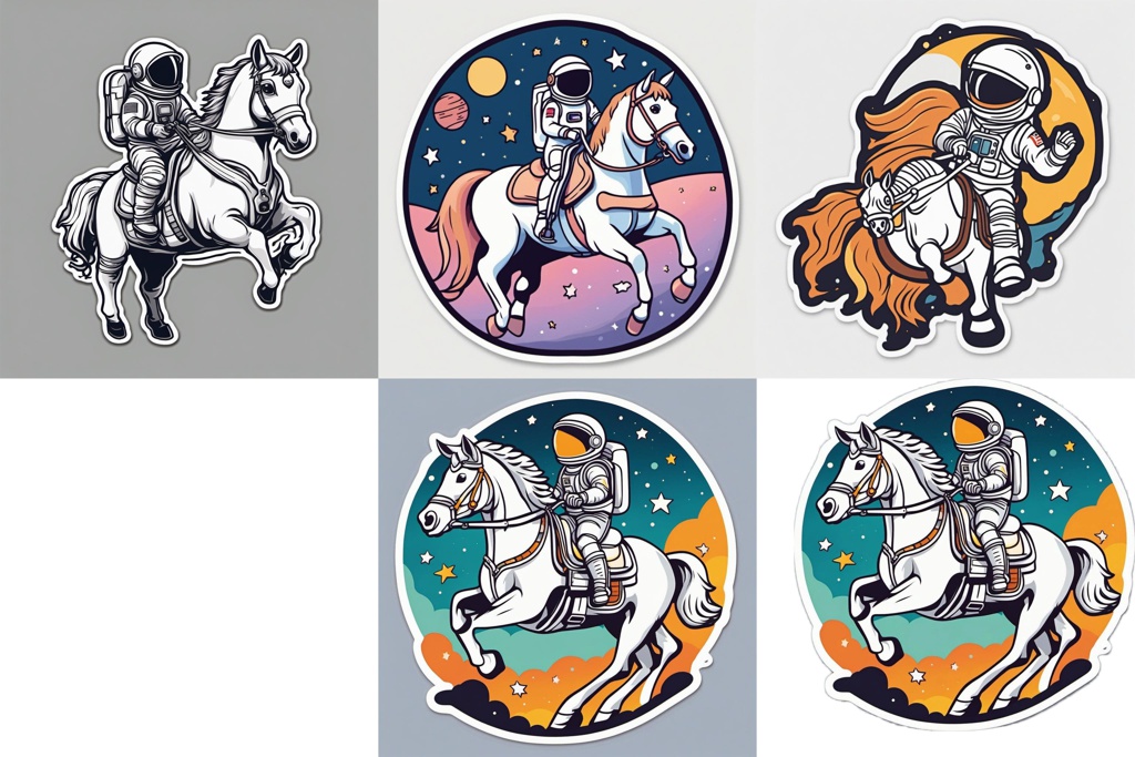 [Die-cut sticker, Cute kawaii sticker, white background, illustration minimalism, vector, pastel colors] A horse riding an astronaut; [Die-cut sticker, Cute kawaii sticker, white background, illustration minimalism, vector] A horse riding an astronaut; [Die-cut sticker, Cute kawaii sticker, white background, illustration minimalism, vector] A horse riding an astronaut; [Die-cut sticker, Cute kawaii sticker, white background, illustration minimalism, vector] A horse riding an astronaut