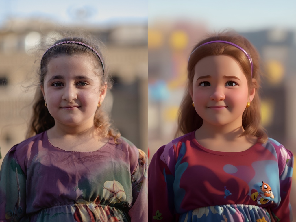 Kurdish siblings in Erbil, the capital of the Kurdistan Region.; [Pixar style, Disney, 3D, cartoon character] A cute girl