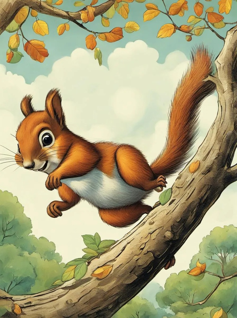 [Style of children's book illustration, strybk] A squirrel is jumping over from one tree branch to another, in the air; [Style of children's book illustration, strybk] A squirrel is jumping over from one tree branch to another, in the air