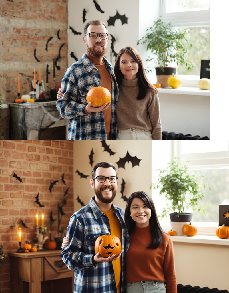 Man Holding A Pumpkin; [Pixar style, Disney, 3D, cartoon] a couple, Man Holding A Pumpkin, bats on the wall