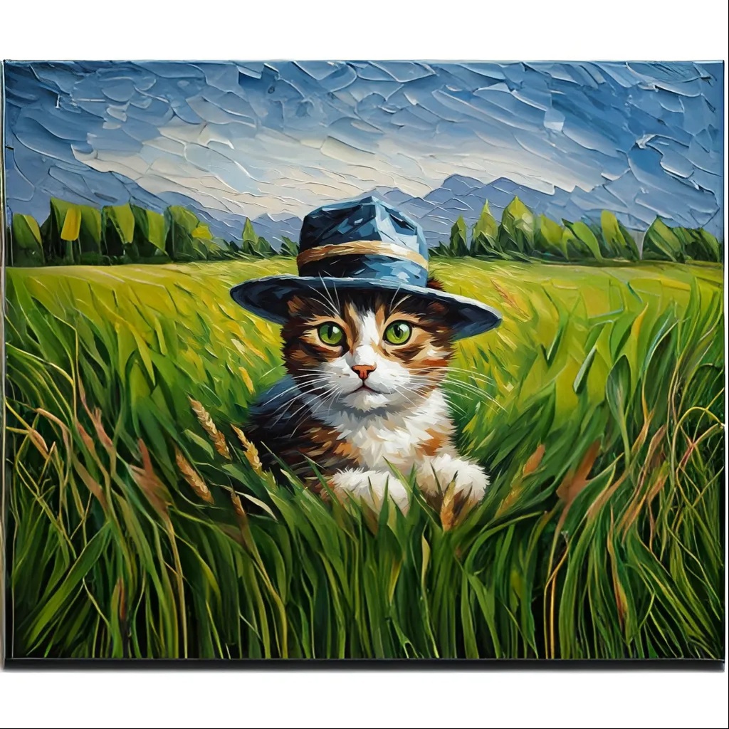 [Oil painting style, impasto, masterpiece] A cat with a hat in a grass field; [Oil painting style, impasto, masterpiece] A cat with a hat in a grass field; [Oil painting style, impasto, masterpiece] A cat with a hat in a grass field; [Oil painting style, impasto, masterpiece] A cat with a hat in a grass field; [Oil painting style, impasto, masterpiece] A cat with a hat in a grass field