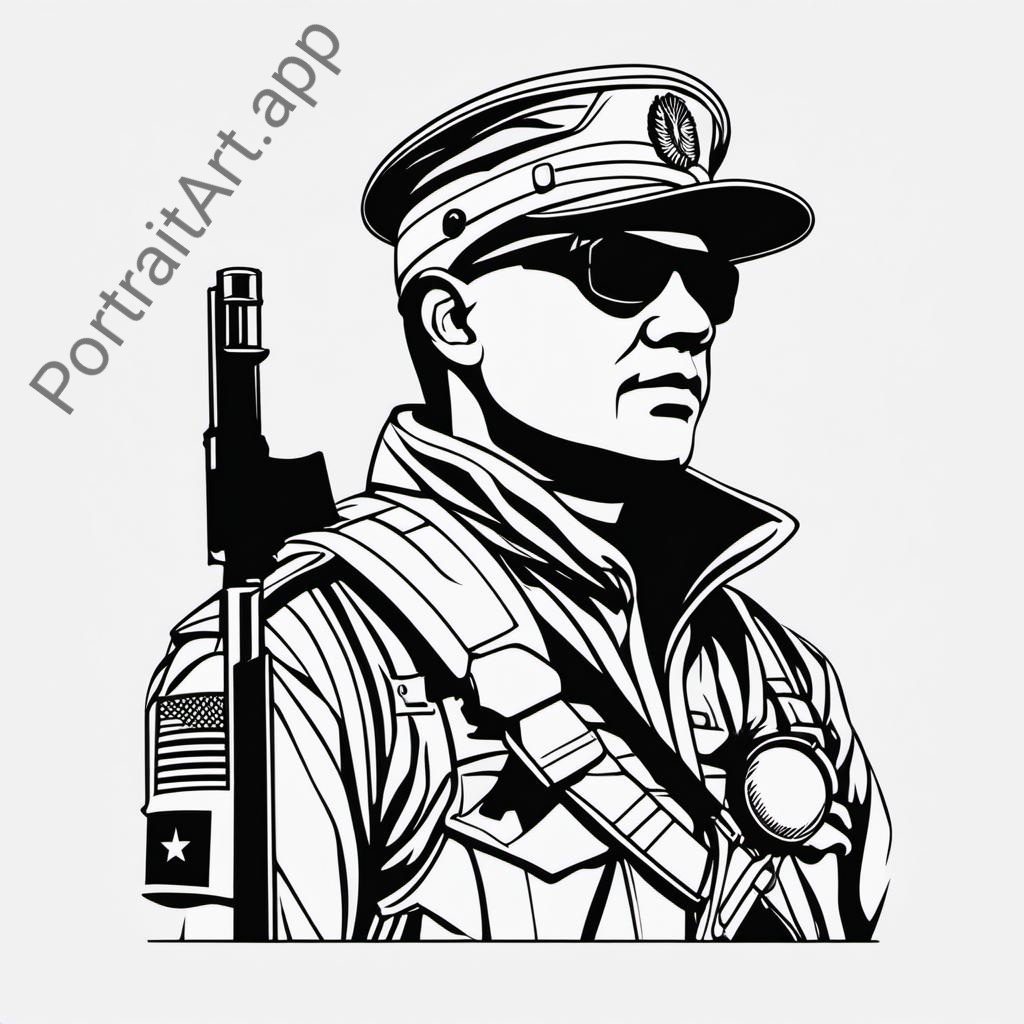 [flat vector design, B&W, black and white, minimalism, white background] A soldier; PortraitArt.app