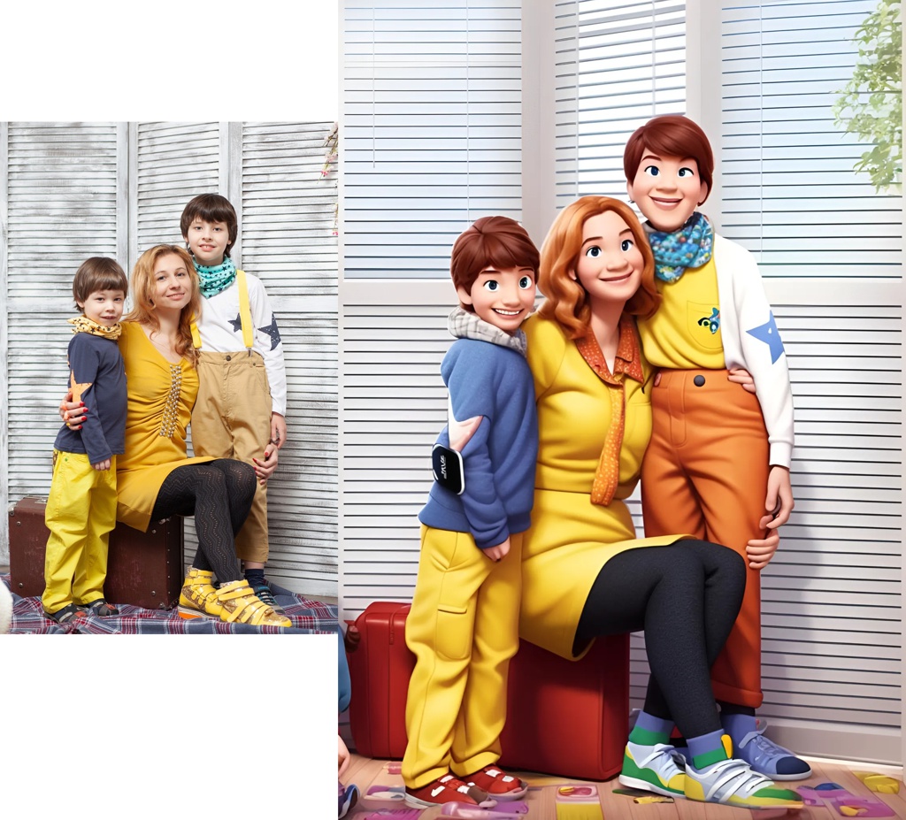 family, kids, mother with children; [Pixar style, Disney] family, kids, mother with children