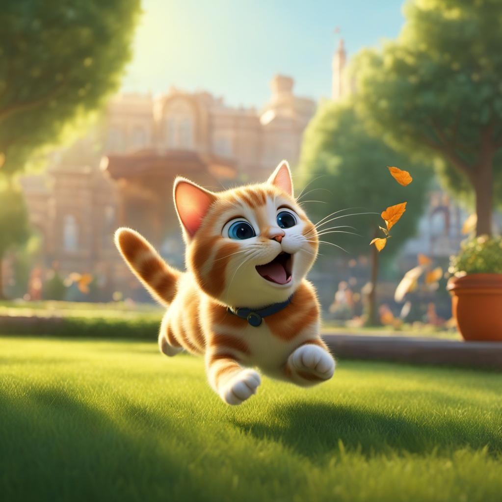 [Pixar style, Disney] a cute cat trying to catch a leave in the air in a park