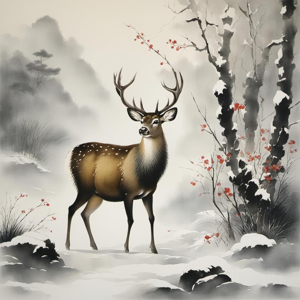 [Style of Chinese ink painting] a deer in winter; [Style of Chinese traditional ink painting, Guo Hua] a deer in winter