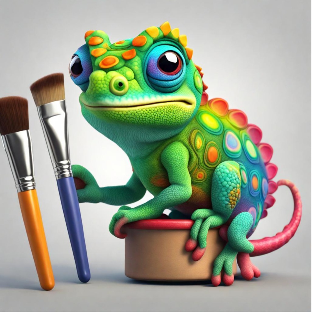 Kawaii Chameleon Painter changing its body colors to match its vibrant painting, while holding a brush. Render this in an anime style, focusing on the chameleon's cute, wide eyes and intricate patterns on its body.