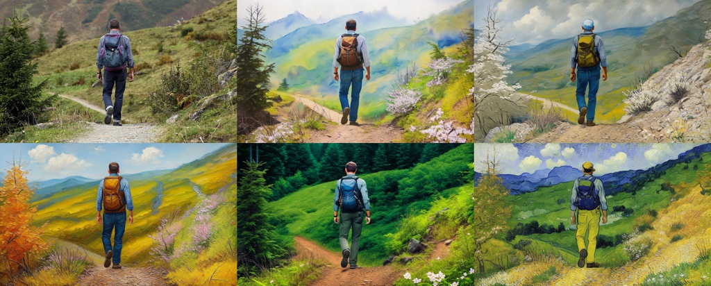 nX0dcOqey93N_mountaineering, man, trail.jpg; [Oil painting style, impasto, masterpiece] man, trail, hill, spring; [Watercolor painting style, masterpiece] man, trail, hill, spring; [Style of vector art, clip graphics] man, trail, hill, spring; [Painting, by Picasso] man, trail, hill, spring; [Painting, by van Gogh] man, trail, hill, spring