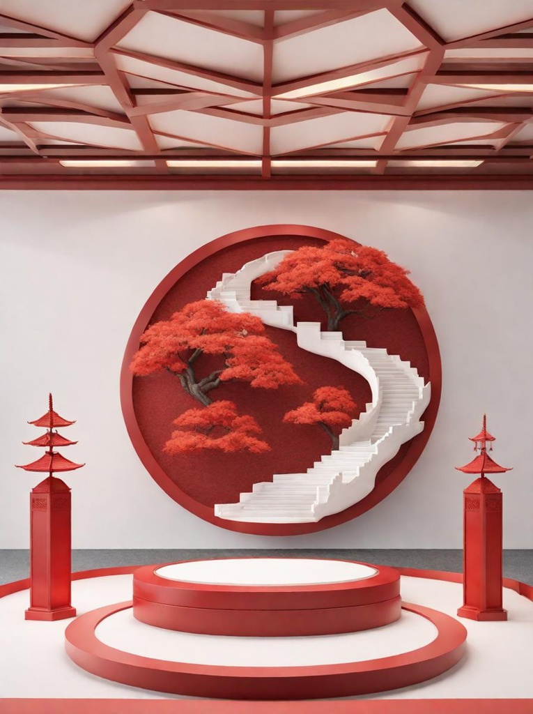 White circular flat podium, product display, featuring red maple, rockery, and Tang and Song dynasty palaces, minimalist, Chinese background wall, white and red, studio lighting, soft lighting, 3D rendering; White circular flat podium, product display, featuring red maple, rockery, and Tang and Song dynasty palaces, minimalist, Chinese background wall, white and red, studio lighting, soft lighting, 3D rendering