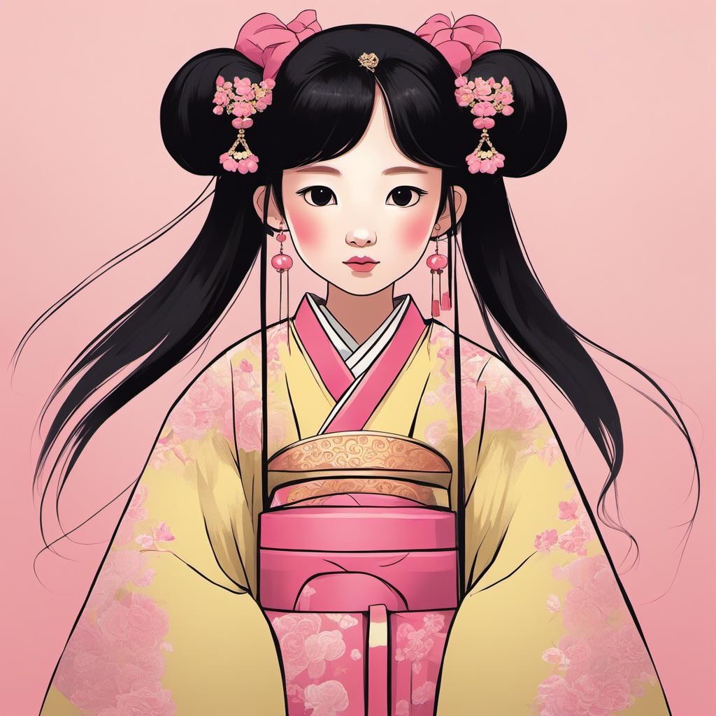 [Style of vector art, clip graphics] a gongbi painting of a 2 years old black long hair Chinese Song Dynasty girl wears pink hanfu, tangled jewelry, extremely minimalism portrait, geometric shapes, matte light yellow background, in the style of crisp neo-pop illustrations, dolly kei, cartoon-like characters, close-up, head view, bold, cartoonish lithographs