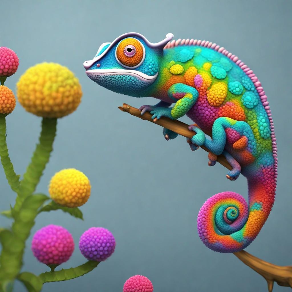 Kawaii Chameleon Painter changing its body colors to match its vibrant painting. Render this in an anime style, focusing on the chameleon's cute, wide eyes and intricate patterns on its body.