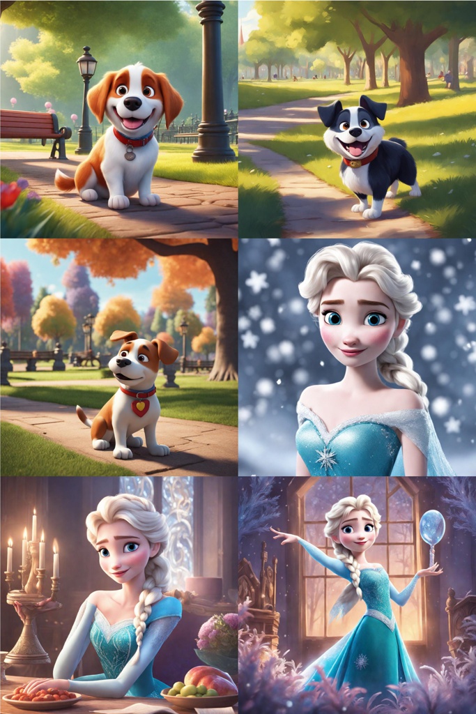 [Pixar style, Disney] A cute dog in a park; [Pixar style, Disney] A cute dog in a park; [Pixar style, 3D] A cute dog in a park; [Pixar style, 3D] Elsa; [Pixar style, Disney] Elsa; [Pixar style, Disney] Elsa