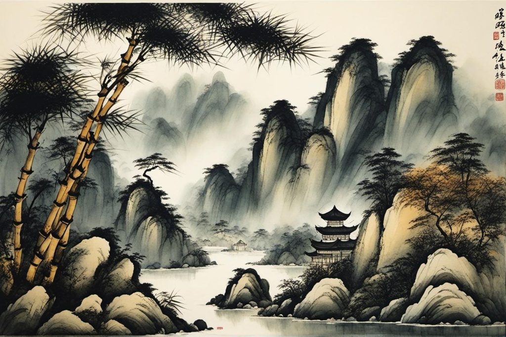 [Style of Chinese painting, traditional, ink, Guo Hua] 井冈翠竹