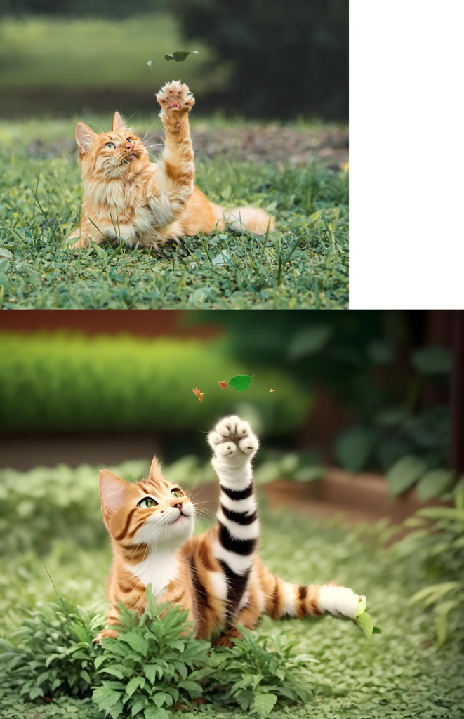 公园野猫; [Pixar style, Disney, 3D, cartoon character] a cat raising her palm to reach a falling leave