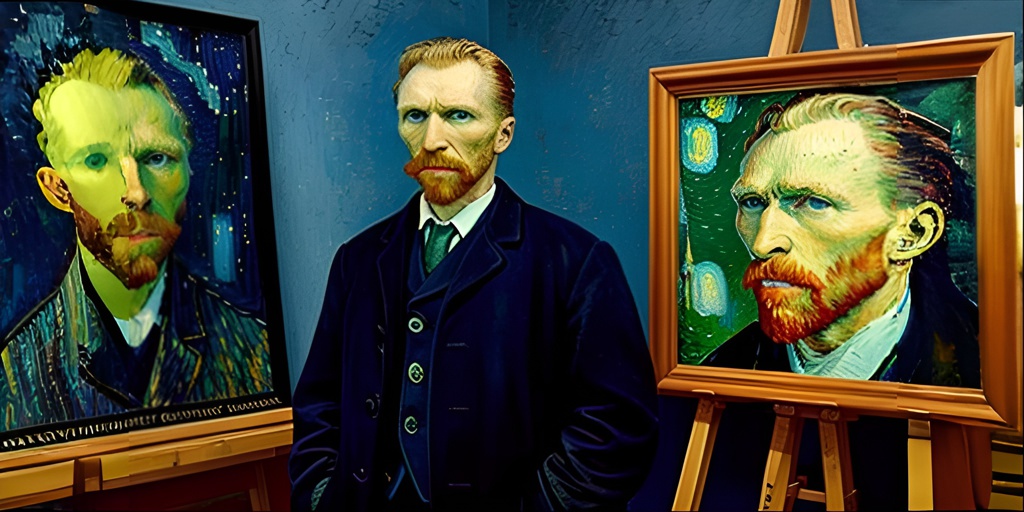 In the picture, Vincent Van Gogh is standing next to his famous self-portrait.; In the picture, Vincent Van Gogh is standing next to his famous self-portrait.