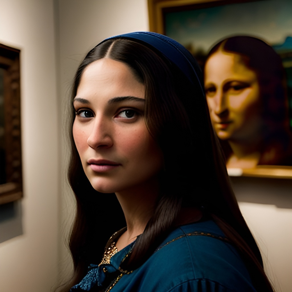 Photorealistic, movie shot. side shot of a woman who looks like Mona Lisa in real life is visiting museum.