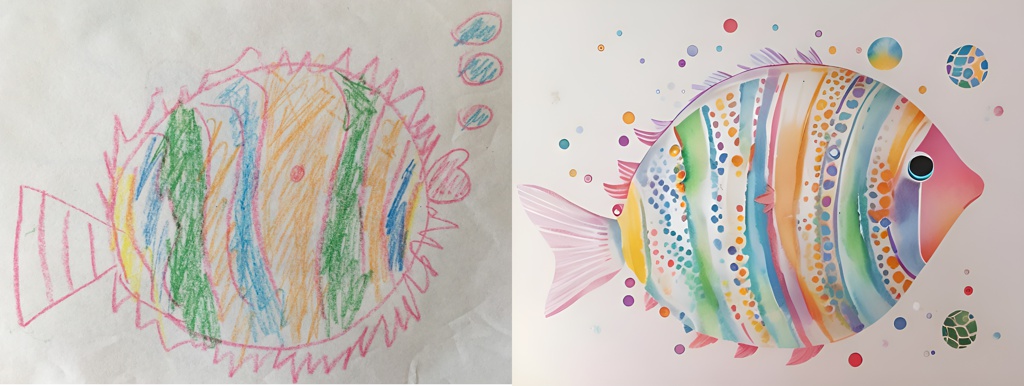 [Style of children's book illustration, strybk] A round rainbow fish, bubbles