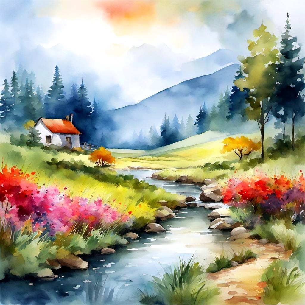 [Watercolor painting style, masterpiece] A beautiful landscape