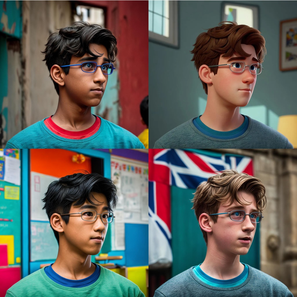 glasses; [Photography, raw, movie shot] A boy; [Photography, raw, movie shot] A boy, vibrant colors; [Photography, raw, movie shot] A British boy, vibrant colors; [Photography, raw, movie shot] An Asian boy in classroom, vibrant colors